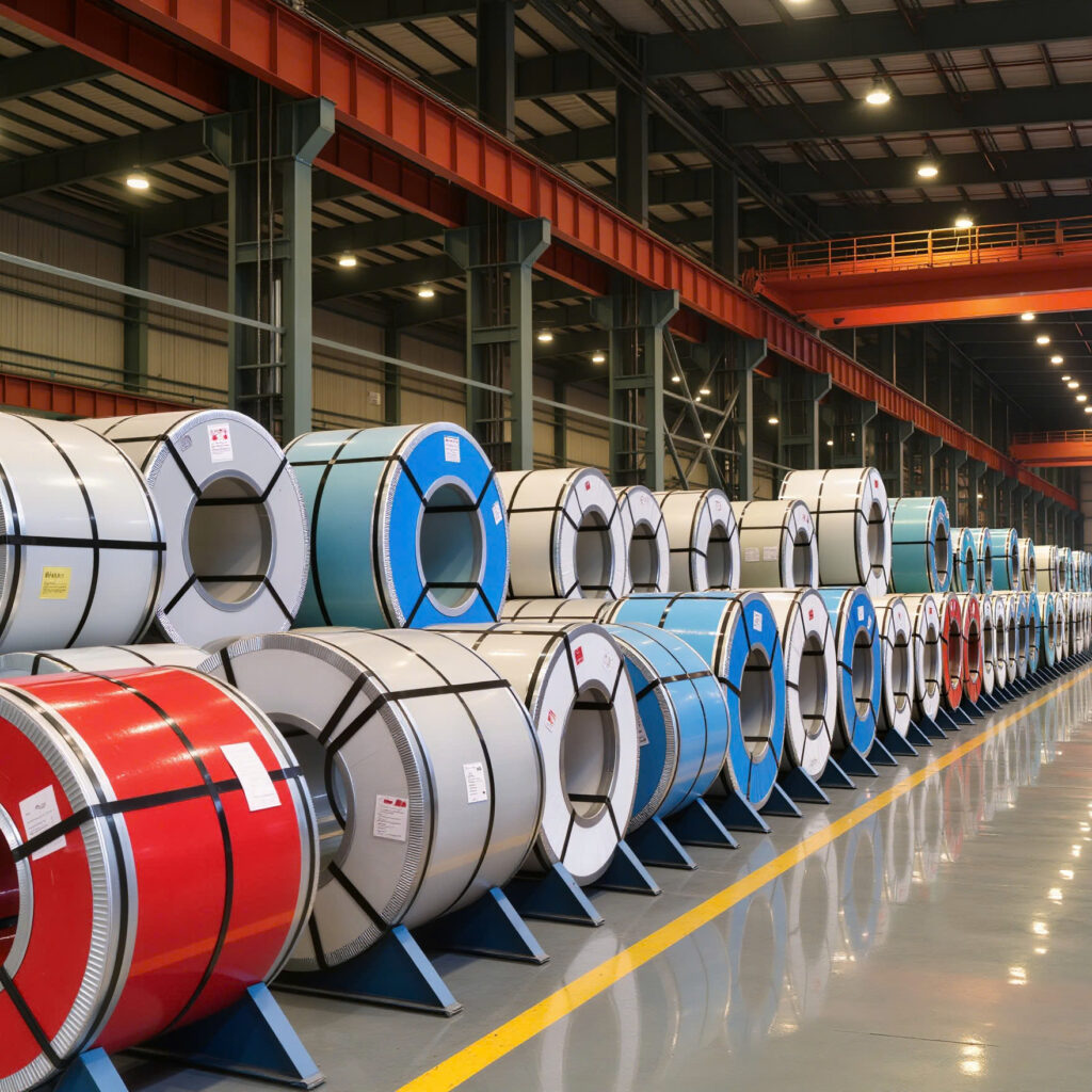 Colorful metal coils in warehouse