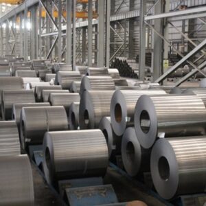 Rows of metal coils in warehouse